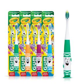 فرشاة أسنان GUM Crayola للأطفال الصغار، شعيرات فائقة النعومة وضيقة، رأس مدبب لإزالة لوحة الأسنان بلطف، للأعمار من 3 سنوات فما فوق، 1 قيراط (عبوة من 4 قطع) in Kuwait