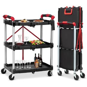 عربة خدمة قابلة للطي، عربة محمولة من 3 طبقات/عربة تفصيل/عربات أدوات مع عجلتين قابلتين للقفل تستخدم للمنزل/التجارية/المكتب/المستودع، أسود، 56 رطل. سعة التحميل لكل رف in Kuwait