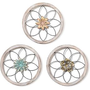 Walasis Wall Decorations Farmhouse Flower Decor - Rustic 3D Metal Flowers Set Outdoor Round Wood Frame Decorative Wall Hanging for Living Room Kitchen Bathroom Bedroom Home Accents