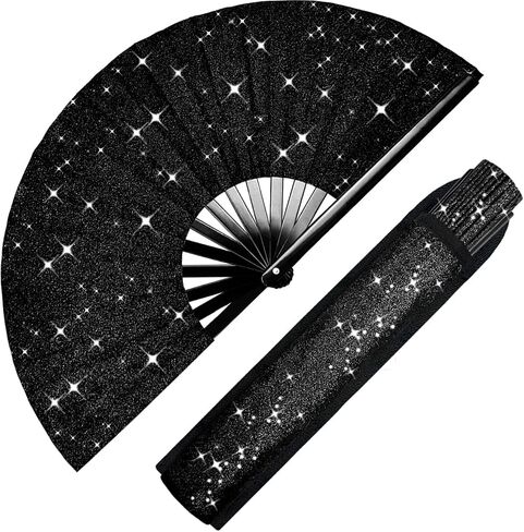 Glitter Large Rave Folding Clack Hand Fan with Holster for Men Women Handheld Fan for Festivals,Halloween,Rainbow Outfits,Disco Party,EDM,Burlesque,Drag Queen for Rave Accessories in Saudi Arabia