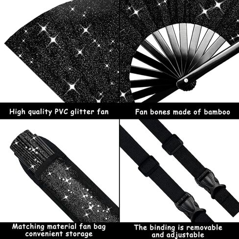 Glitter Large Rave Folding Clack Hand Fan with Holster for Men Women Handheld Fan for Festivals,Halloween,Rainbow Outfits,Disco Party,EDM,Burlesque,Drag Queen for Rave Accessories in Saudi Arabia
