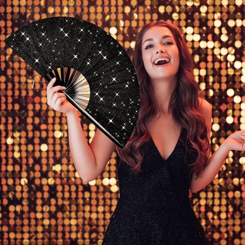 Glitter Large Rave Folding Clack Hand Fan with Holster for Men Women Handheld Fan for Festivals,Halloween,Rainbow Outfits,Disco Party,EDM,Burlesque,Drag Queen for Rave Accessories in Saudi Arabia