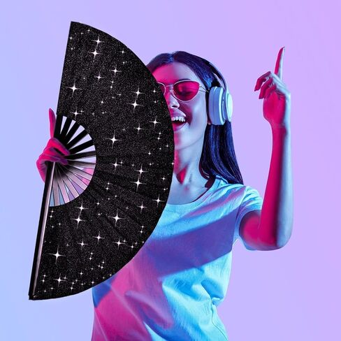Glitter Large Rave Folding Clack Hand Fan with Holster for Men Women Handheld Fan for Festivals,Halloween,Rainbow Outfits,Disco Party,EDM,Burlesque,Drag Queen for Rave Accessories in Saudi Arabia