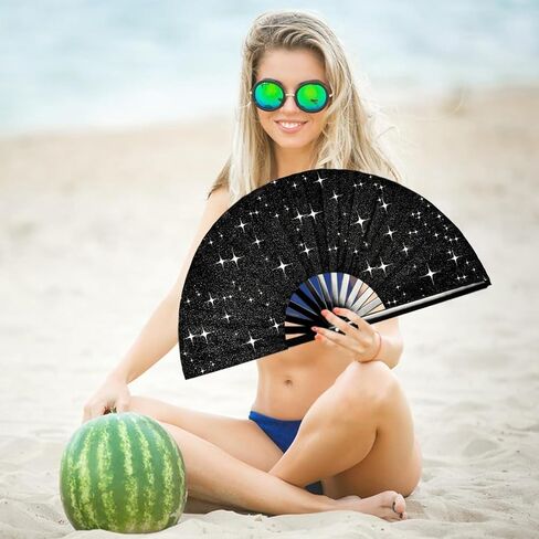 Glitter Large Rave Folding Clack Hand Fan with Holster for Men Women Handheld Fan for Festivals,Halloween,Rainbow Outfits,Disco Party,EDM,Burlesque,Drag Queen for Rave Accessories in Saudi Arabia