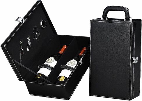 TANG SONG Leather Double Bottle Wine Gift Box with 4 Wine Accessories Wine Bottle Storage whit Locking Latch (Black) in Saudi Arabia