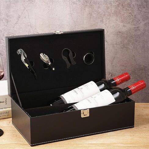 TANG SONG Leather Double Bottle Wine Gift Box with 4 Wine Accessories Wine Bottle Storage whit Locking Latch (Black) in Saudi Arabia