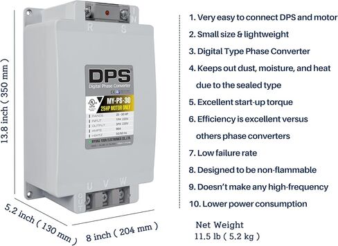 Capacity(DPS) 30HP 90A 220V, Single-Phase to 3-Phase Converter, MY-PS-30 Must Be Only Used for 25HP(18.5kW) 75A 220V 3-Phase Motor, One DPS Must Be Used for One Motor Only, UL Listed in Saudi Arabia