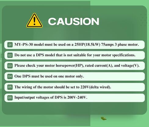 Capacity(DPS) 30HP 90A 220V, Single-Phase to 3-Phase Converter, MY-PS-30 Must Be Only Used for 25HP(18.5kW) 75A 220V 3-Phase Motor, One DPS Must Be Used for One Motor Only, UL Listed in Saudi Arabia