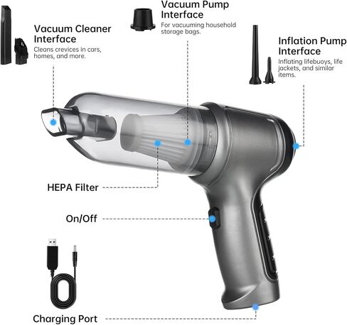 مكنسة كهربائية صغيرة محمولة للسيارة من توموروتيك، 3 في 1 لإزالة الغبار، منفاخ هواء ومضخة يدوية بمحرك بدون فرش 9000PA وTypeC، مكنسة كهربائية محمولة للوحة مفاتيح السيارة قابلة لإعادة الشحن للمنزل والمكتب in Kuwait
