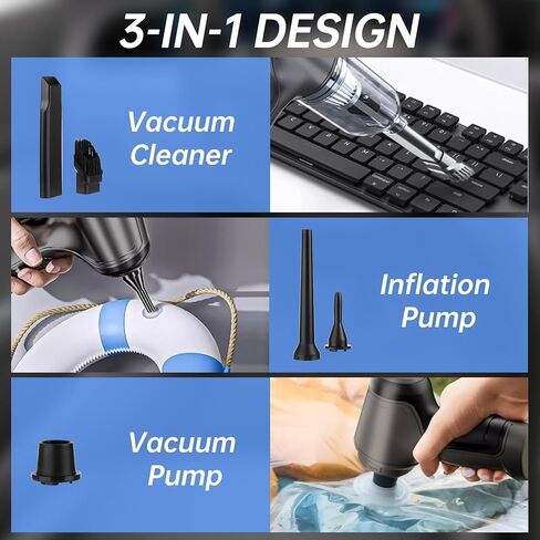 مكنسة كهربائية صغيرة محمولة للسيارة من توموروتيك، 3 في 1 لإزالة الغبار، منفاخ هواء ومضخة يدوية بمحرك بدون فرش 9000PA وTypeC، مكنسة كهربائية محمولة للوحة مفاتيح السيارة قابلة لإعادة الشحن للمنزل والمكتب in Kuwait