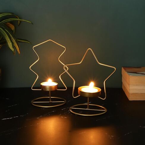 Set of 2 Tealight Candle Holders for Dining Table Centerpiece, Coffee Table, Mantel, Or Any Table Top.Modern Candle Stand for Home Decoration - Gold - Star and Tree in Kuwait