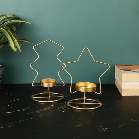 Set of 2 Tealight Candle Holders for Dining Table Centerpiece, Coffee Table, Mantel, Or Any Table Top.Modern Candle Stand for Home Decoration - Gold - Star and Tree in Kuwait