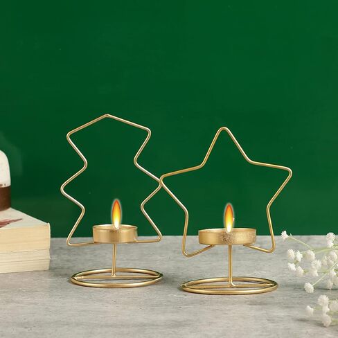 Set of 2 Tealight Candle Holders for Dining Table Centerpiece, Coffee Table, Mantel, Or Any Table Top.Modern Candle Stand for Home Decoration - Gold - Star and Tree in Kuwait