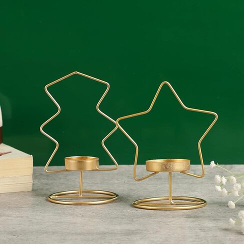 Set of 2 Tealight Candle Holders for Dining Table Centerpiece, Coffee Table, Mantel, Or Any Table Top.Modern Candle Stand for Home Decoration - Gold - Star and Tree in Kuwait