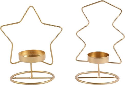 Set of 2 Tealight Candle Holders for Dining Table Centerpiece, Coffee Table, Mantel, Or Any Table Top.Modern Candle Stand for Home Decoration - Gold - Star and Tree in Kuwait