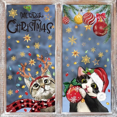 Horaldaily 102 PCS Christmas Window Cling Sticker, Xmas Ball Cat for Home Party Supplies Shop Window Glass Display Decoration in Saudi Arabia