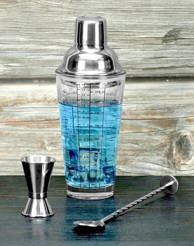 QWORK 14oz Glass Cocktail Shaker, Stainless Steel Top, Transparent Design, Mixer Drink Shaker and Measuring Jigger & Mixing Spoon Set, Clear Bar Shaker with Measurements in Saudi Arabia