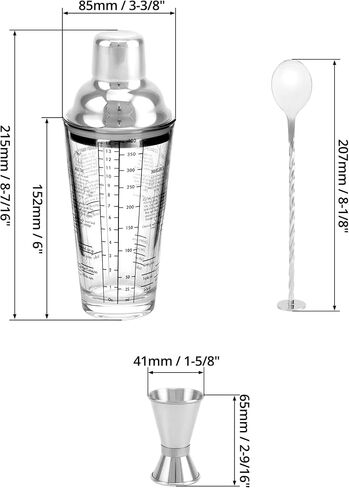 QWORK 14oz Glass Cocktail Shaker, Stainless Steel Top, Transparent Design, Mixer Drink Shaker and Measuring Jigger & Mixing Spoon Set, Clear Bar Shaker with Measurements in Saudi Arabia