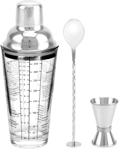QWORK 14oz Glass Cocktail Shaker, Stainless Steel Top, Transparent Design, Mixer Drink Shaker and Measuring Jigger & Mixing Spoon Set, Clear Bar Shaker with Measurements in Saudi Arabia