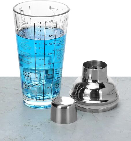 QWORK 14oz Glass Cocktail Shaker, Stainless Steel Top, Transparent Design, Mixer Drink Shaker and Measuring Jigger & Mixing Spoon Set, Clear Bar Shaker with Measurements in Saudi Arabia