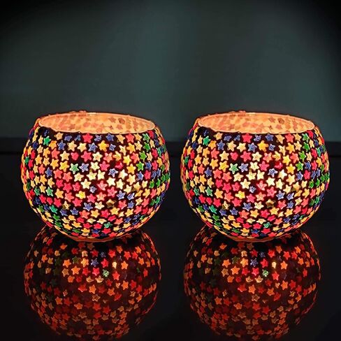TIED RIBBONS Mosaic Candle Holder Set of 2 | Tealight Candle Holder Return Gifts | Votive Candle Holders for Table Centerpiece Decor, Wedding, Home, Office, Party, Valentine Decor | Tea Light Holder in Saudi Arabia