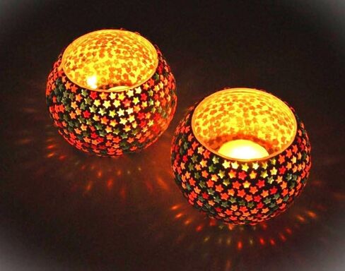 TIED RIBBONS Mosaic Candle Holder Set of 2 | Tealight Candle Holder Return Gifts | Votive Candle Holders for Table Centerpiece Decor, Wedding, Home, Office, Party, Valentine Decor | Tea Light Holder in Saudi Arabia