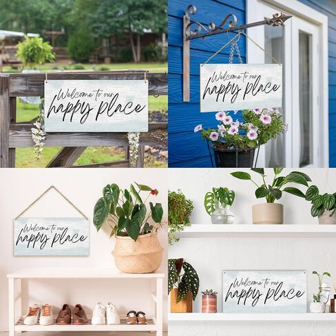 مرحبًا بكم في لافتة تعليق خشبية ريفية من Happy Place، لافتة ديكور جدارية للباب الأمامي، لوحة خشبية لمنزل المزرعة وغرفة المعيشة ومدخل الشرفة والمكتب، هدية فنية جدارية معلقة (عبوة واحدة)-07 in Kuwait