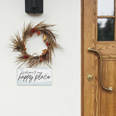 مرحبًا بكم في لافتة تعليق خشبية ريفية من Happy Place، لافتة ديكور جدارية للباب الأمامي، لوحة خشبية لمنزل المزرعة وغرفة المعيشة ومدخل الشرفة والمكتب، هدية فنية جدارية معلقة (عبوة واحدة)-07 in Kuwait