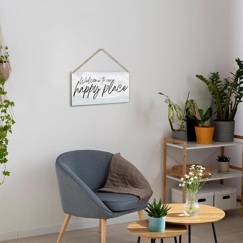 مرحبًا بكم في لافتة تعليق خشبية ريفية من Happy Place، لافتة ديكور جدارية للباب الأمامي، لوحة خشبية لمنزل المزرعة وغرفة المعيشة ومدخل الشرفة والمكتب، هدية فنية جدارية معلقة (عبوة واحدة)-07 in Kuwait