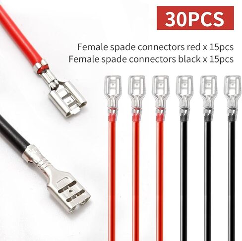 30PCs 4.8mm Spade Crimp Terminal, 7.87" 16AWG Female Electrical Insulated Terminals,Spade Quick Connectors with Insulating Sleeve (15 x Red + 15 x Black) in Saudi Arabia