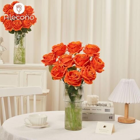 Alecono 𝟮𝟬𝙋𝙘𝙨 Fake Roses, 4in 𝘽𝙞𝙜 𝗩𝗲𝗹𝘃𝗲𝘁 Flower Head Champagne Roses Artificial Flowers with Stems for Wedding Decorations, Fake Roses Bouquet for DIY Home Party Decor in Kuwait