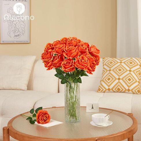 Alecono 𝟮𝟬𝙋𝙘𝙨 Fake Roses, 4in 𝘽𝙞𝙜 𝗩𝗲𝗹𝘃𝗲𝘁 Flower Head Champagne Roses Artificial Flowers with Stems for Wedding Decorations, Fake Roses Bouquet for DIY Home Party Decor in Kuwait