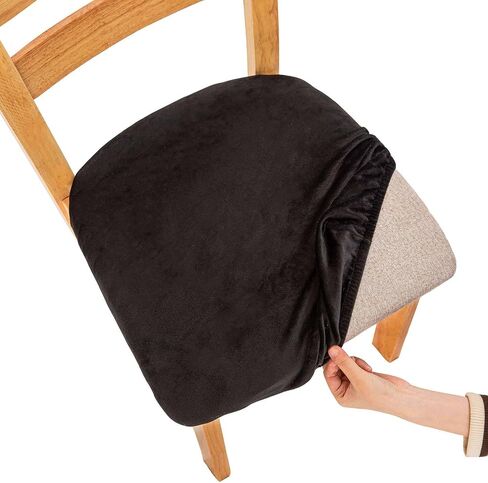 qiden Velvet Dining Chair Seat Covers, High Stretch Removable Washable Dining Room Upholstered Chair Seat Protector Slipcovers-Beige-4 Pcs in Saudi Arabia