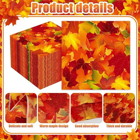 50 PCS Fall Leaves Cocktail Napkins Maple Leaves Paper Napkins Disposable 3-ply Fall Leaf Beverage Napkins for Thanksgiving Autumn Harvest Birthday Party Supplies, 5 x 5 Inch in Saudi Arabia