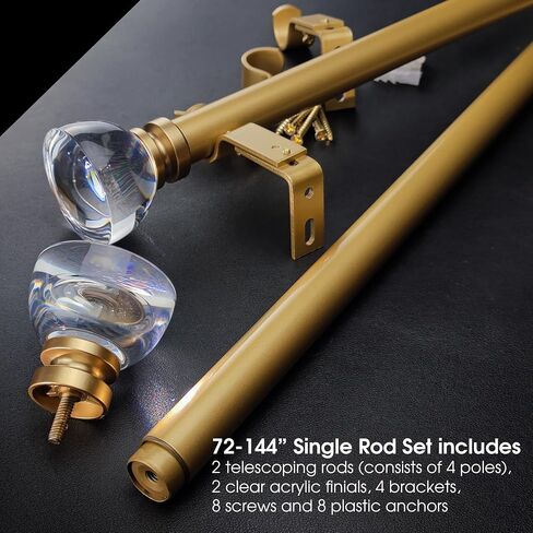 Single Gold Curtain Rod Set with Clear Knob Finial, 36-72 inch, Standard Gold Drapery Rod for 1 Pack, 1 inch diameter, Adjustable Length in Saudi Arabia