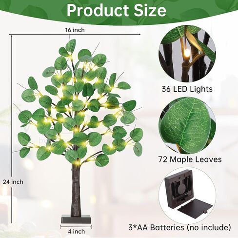 شجرة زيتون 24 بوصة مع أضواء - شجرة زيتون مضاءة بطول 2 قدم مع 36 مصباح LED، 12 فاكهة، 72 ورقة، شجرة زيتون صناعية مضاءة تعمل بالبطارية للديكور الداخلي in Kuwait