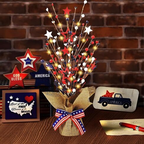 4th of July Decorations, 18 Inch 20LED Artificial Tree Patriotic Tabletop Decor, Battery Operated Artificial Star Tree LED Light for Independence Day 4th of July National Day Memorial Day Veteran Day in Kuwait