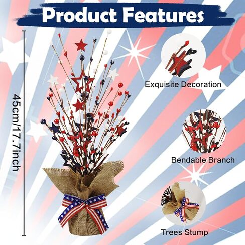4th of July Decorations, 18 Inch 20LED Artificial Tree Patriotic Tabletop Decor, Battery Operated Artificial Star Tree LED Light for Independence Day 4th of July National Day Memorial Day Veteran Day in Kuwait