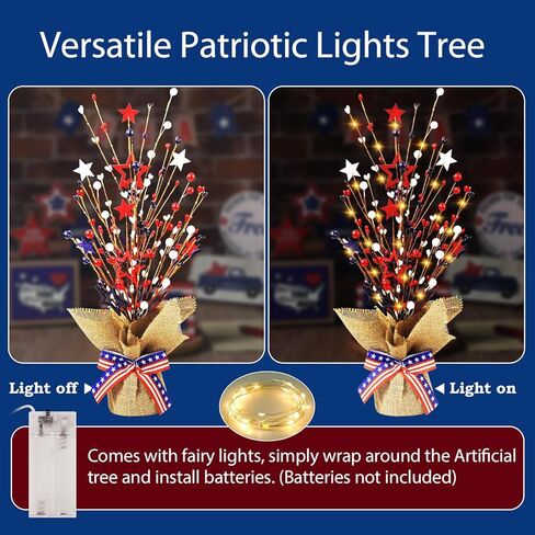 4th of July Decorations, 18 Inch 20LED Artificial Tree Patriotic Tabletop Decor, Battery Operated Artificial Star Tree LED Light for Independence Day 4th of July National Day Memorial Day Veteran Day in Kuwait
