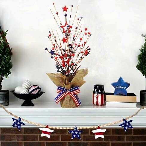 4th of July Decorations, 18 Inch 20LED Artificial Tree Patriotic Tabletop Decor, Battery Operated Artificial Star Tree LED Light for Independence Day 4th of July National Day Memorial Day Veteran Day in Kuwait