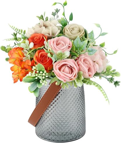 Fake Flowers with Vase, Silk Roses Artificial Flowers in Vase, Artificial Flower Arrangement for Home Decor, Centerpiece Table Decoration, Dining Table,Office(Gray-3Colors). in Saudi Arabia