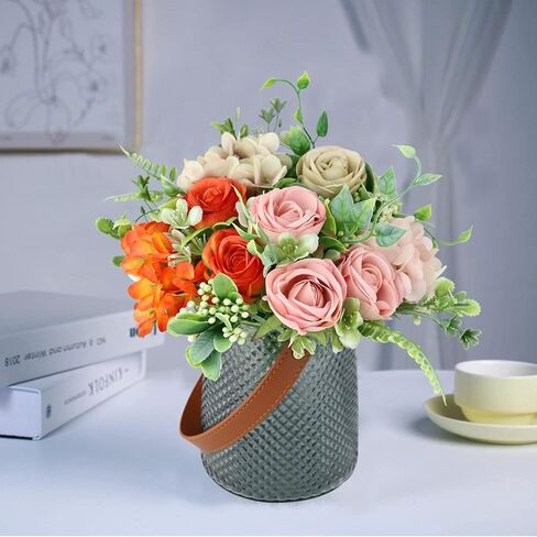 Fake Flowers with Vase, Silk Roses Artificial Flowers in Vase, Artificial Flower Arrangement for Home Decor, Centerpiece Table Decoration, Dining Table,Office(Gray-3Colors). in Saudi Arabia
