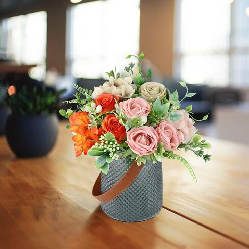 Fake Flowers with Vase, Silk Roses Artificial Flowers in Vase, Artificial Flower Arrangement for Home Decor, Centerpiece Table Decoration, Dining Table,Office(Gray-3Colors). in Saudi Arabia
