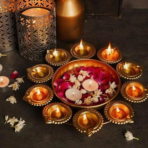 1 Layer Authentic Diya Shape Floating Flower Decorative Lotus Urli Bowl, Traditional Diwali Festival puja Decor Diya, Golden Candle Tea Light Holder Handcrafted for Home Decor, Metal, Gold in Saudi Arabia