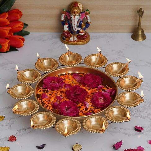 1 Layer Authentic Diya Shape Floating Flower Decorative Lotus Urli Bowl, Traditional Diwali Festival puja Decor Diya, Golden Candle Tea Light Holder Handcrafted for Home Decor, Metal, Gold in Saudi Arabia