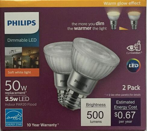 لمبة فيليبس LED قابلة للتعتيم PAR20 40 درجة للإضاءة الداخلية مع تأثير توهج دافئ 500 لومن، 2200-2700 كلفن، 5.5 واط (ما يعادل 50 واط)، قاعدة E26، أبيض ناعم، عبوتان in Kuwait