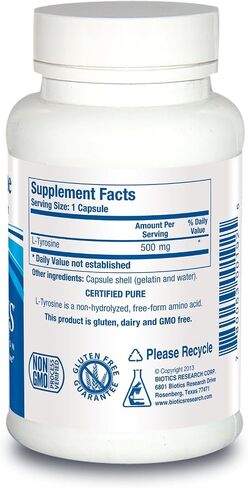 Biotics Research L Tyrosine 500 Milligram, Mood and Memory Support, Supports Overall Relaxation Response, Supports Thyroid Function. 100 Capsules in Saudi Arabia