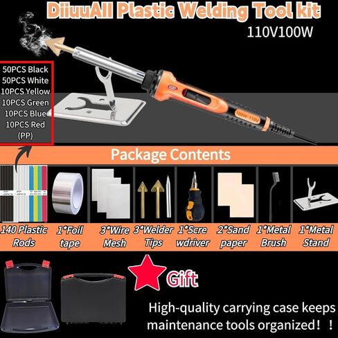 Plastic Welder - 110V-100W Plastic Welding Kit With 140Plastic Rods, 3 Tips, 3 Wire Mesh, 2 Sandpaper, 1 Aluminum Foil Tape, 1 Stand, 1 Metal Brush, 1 Screwdriver for Bumper Kayak Repair in Saudi Arabia