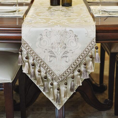 Loom and Mill Luxury Table Runner 120 Inches Long, Floral Jacquard Damask Dining Table Runner with Multi-Tassels for Dining Room Dresser Party Banquet Holiday Decorations(Light Apricot, 13*120 inch) in Kuwait