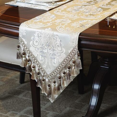 Loom and Mill Luxury Table Runner 120 Inches Long, Floral Jacquard Damask Dining Table Runner with Multi-Tassels for Dining Room Dresser Party Banquet Holiday Decorations(Light Apricot, 13*120 inch) in Kuwait